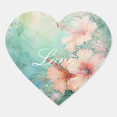 Tropical Peach White Hibiskus Blumenhochzeit Herz-Aufkleber (Vorderseite)
