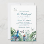 Tropical Peacock Feathers Butterflies Hochzeit Einladung (Vorderseite)