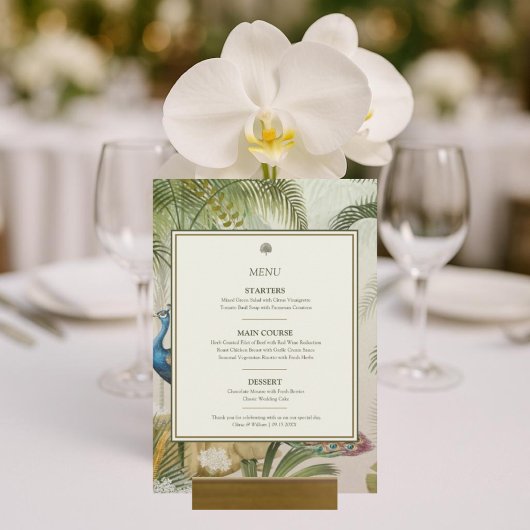 Tropical Peacock Palm 12x18 Wedding Menu Card Menükarte