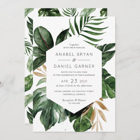 Tropical Philodendron Palm Blätter Moderne Hochzei Einladung (Vorne/Hinten)