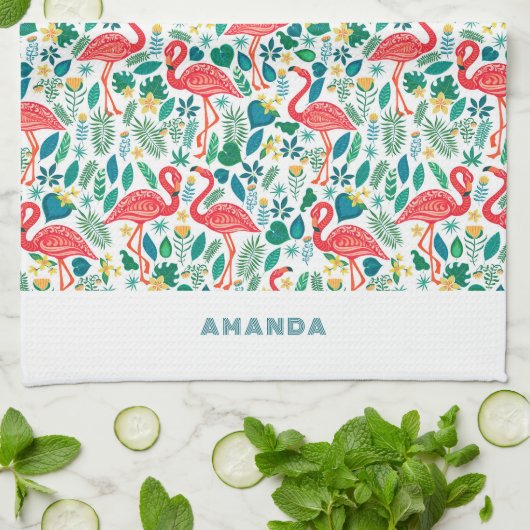 Tropical Pink Flamingo an tropical leaves pattern Geschirrtuch (Gefaltet)