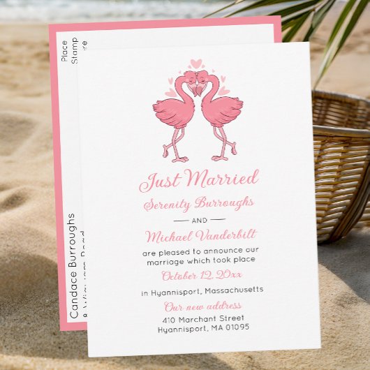 Tropical Pink Flamingo Beach Hawaiian Just Married Ankündigungspostkarte