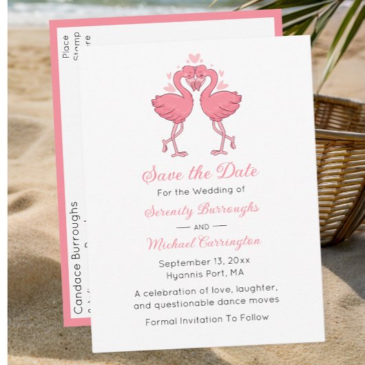 Tropical Pink Flamingo Beach Wedding Save the Date Postkarte