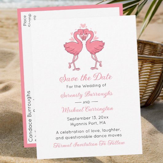 Tropical Pink Flamingo Beach Wedding Save the Date Postkarte