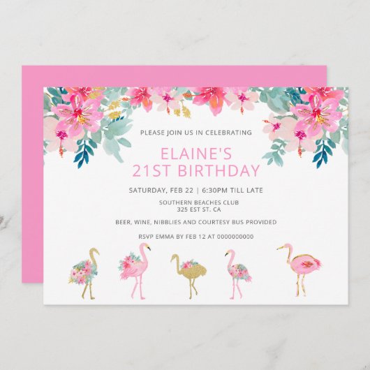 Tropical Pink Flamingo Geburtstagsparty Einladung (Vorne/Hinten)