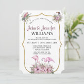 Tropical Pink Flamingo Gold Vow Renewal Einladung (Stehend Vorderseite)