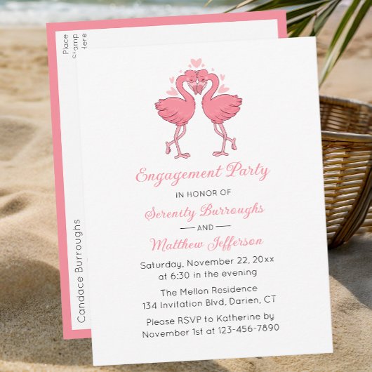 Tropical Pink Flamingo Hawaiian Engagement Party Einladungspostkarte