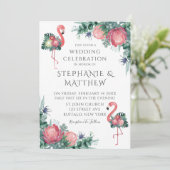 Tropical Pink Flamingo Peony Floral Wedding Einladung (Stehend Vorderseite)