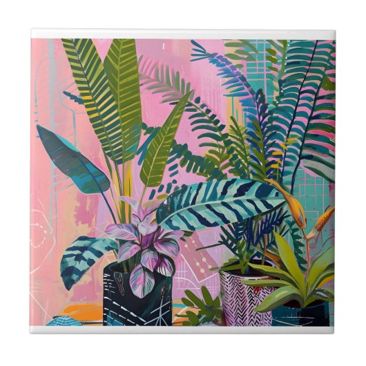 Tropical pink flamingos set against lush green fliese (Vorderseite)