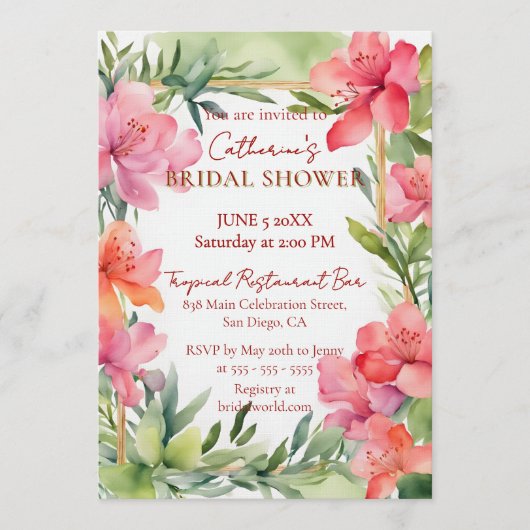 Tropical Pink Floral Greenery Gold Bridal Shower Einladung (Vorderseite)
