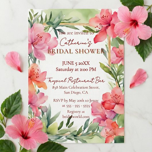 Tropical Pink Floral Greenery Gold Bridal Shower Einladung