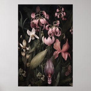 Tropical Pink Flowers Kunstprint, Dark Academia Poster