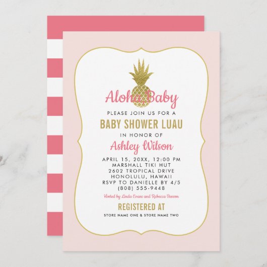 Tropical Pink Gold Ananas Baby Girl Shower Luau Einladung (Vorne/Hinten)