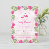 Tropical Pink Gold Flamingo Floral Baby Dusche Einladung (Stehend Vorderseite)