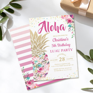 Tropical Pink Gold Pineapple Floral Luau Birthday Einladung
