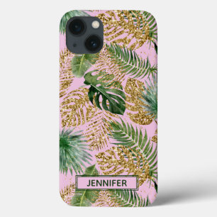 Tropical Pink Green Palm Blätter Gold Glitzer Name Case-Mate iPhone Hülle