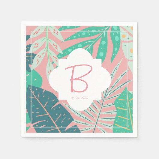 Tropical Pink Monogram Green Palm Blätter Napkins Serviette (Vorderseite)