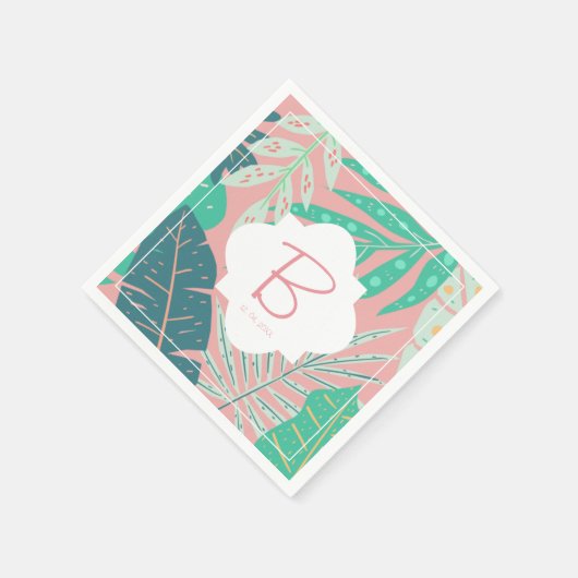 Tropical Pink Monogram Green Palm Blätter Napkins Serviette (Ecke)