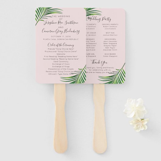 Tropical Pink Palm Blätter Beach Hochzeitsprogramm Fächer (Vorne und Hinten)