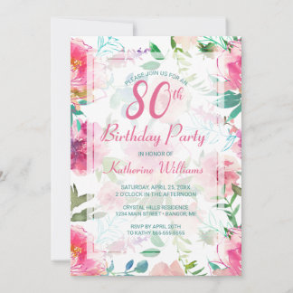 Tropical Pink Peony Floral 80. Geburtstagsparty Einladung