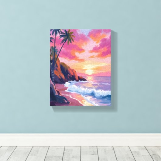 Tropical Pink Sunset Ocean Watercolor Leinwanddruck (Insitu (Holzboden))