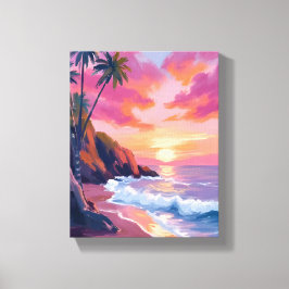 Tropical Pink Sunset Ocean Watercolor Leinwanddruck
