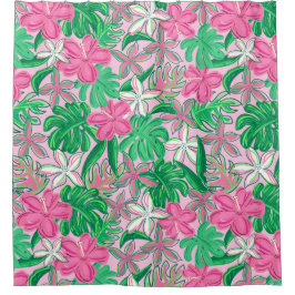 Tropical Pink White Flowers Palm Leaves Preppy Duschvorhang