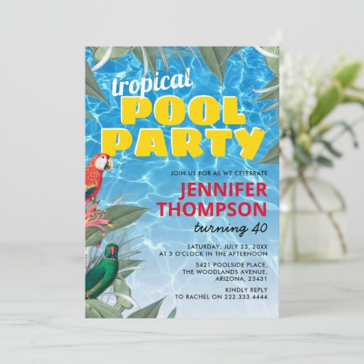Tropical Pool Birthday Party Einladung (Stehend Vorderseite)