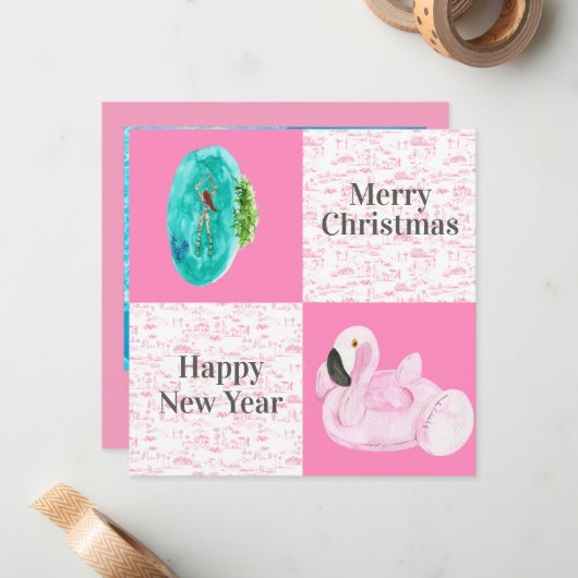 Tropical Pool Flamingo Floatio Weihnachten Mitteilungskarte (Vorderseite/Rückseite Beispiel)