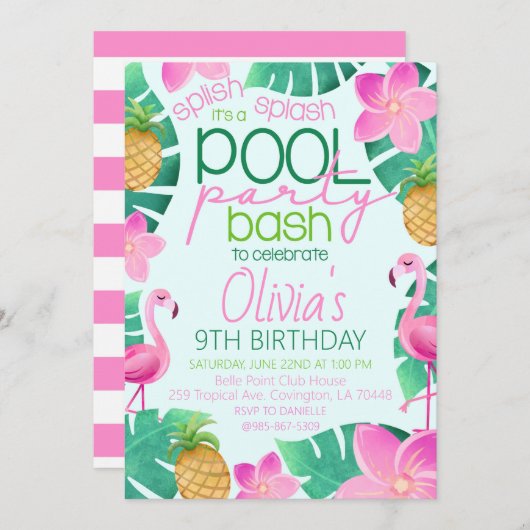 Tropical Pool Party Birthday Party Invitation Einladung (Vorne/Hinten)