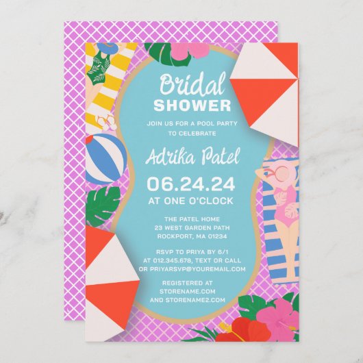 Tropical Pool Party Boho Brautparty Einladung (Vorne/Hinten)