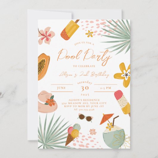 Tropical Pool Party Sommergeburtstag Einladung (Vorderseite)