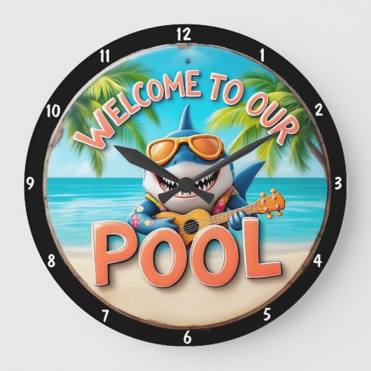 Tropical Pool Shark Playing Guitar Vacation Vibes Große Wanduhr (Vorderseite)