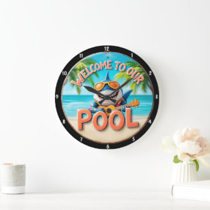 Tropical Pool Shark Playing Guitar Vacation Vibes Große Wanduhr