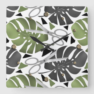 Tropical print monstera leaves scissors jungle exo quadratische wanduhr