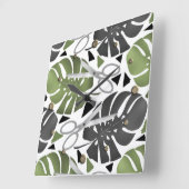 Tropical print monstera leaves scissors jungle exo quadratische wanduhr (Winkel)