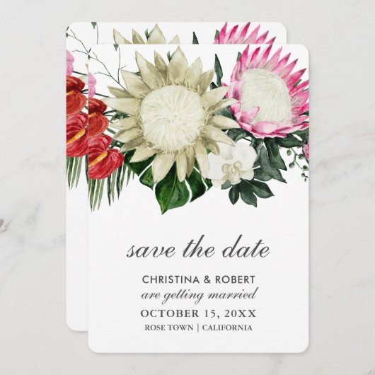 Tropical Protea Monstera Botanical Save the Date (Vorne/Hinten)