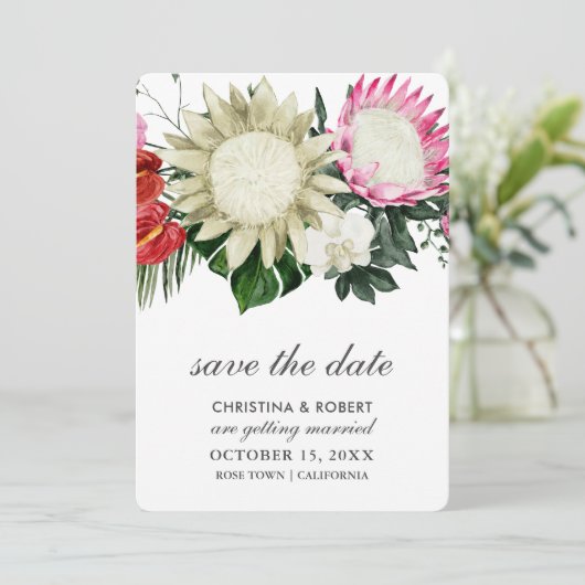 Tropical Protea Monstera Botanical Save the Date (Stehend Vorderseite)