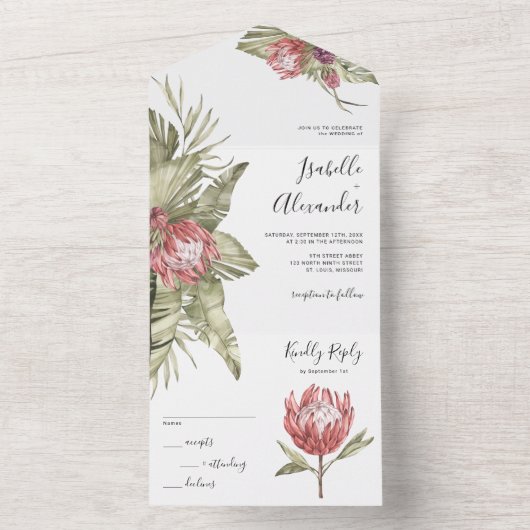 Tropical Protea Palm Blätter All In One Einladung (Innen Boden)