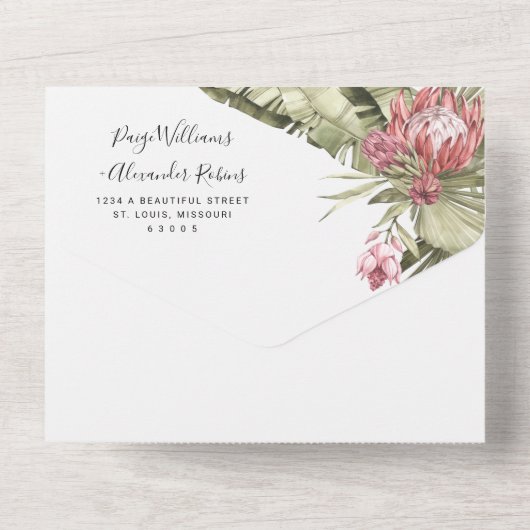 Tropical Protea Palm Blätter  All In One Einladung (Rückseite)