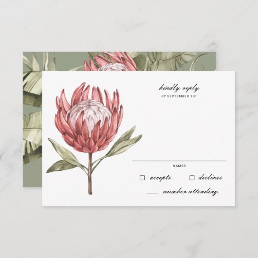 Tropical Protea Palm Leaf Wedding RSVP Karte (Vorne/Hinten)