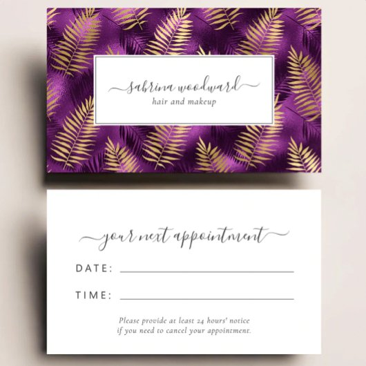 Tropical Purple Gold Foliage Pattern Appointment Visitenkarte