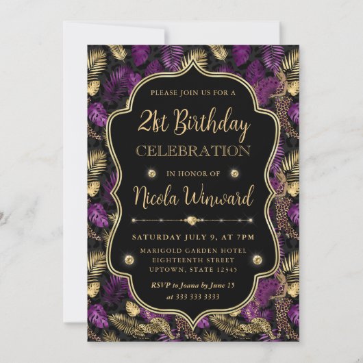 Tropical Purple & Gold Leopard Print 21st Birthday Einladung (Vorderseite)