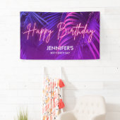 Tropical Purple Neon Pink Palm Leaf Happy Birthday Banner (Insitu)