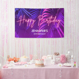 Tropical Purple Neon Pink Palm Leaf Happy Birthday Banner