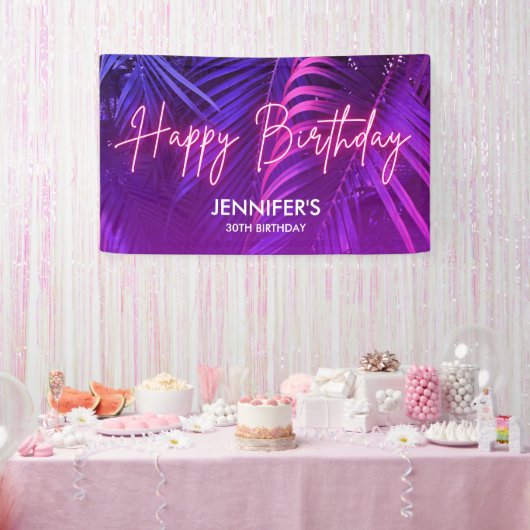Tropical Purple Neon Pink Palm Leaf Happy Birthday Banner (Party)