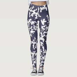 Tropical Reef Blue White Coral Print Leggings