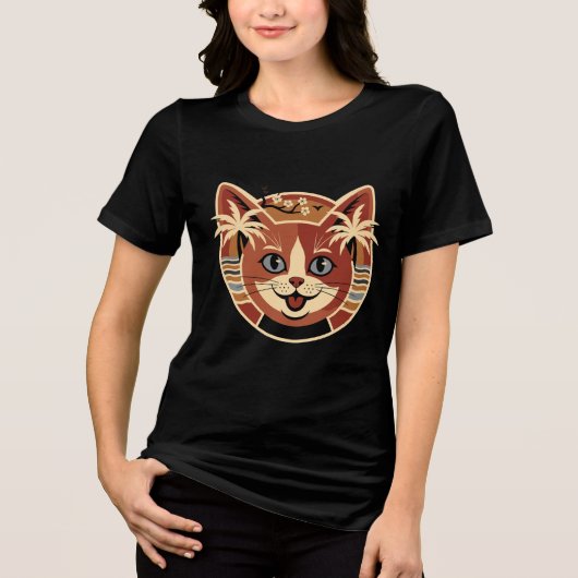 Tropical Retro Cat Design Tri-Blend Shirt (Vorderseite)