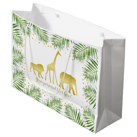 Tropical Safari Animals Gold Green Party Große Geschenktüte (Vorderseite Schrägansicht)