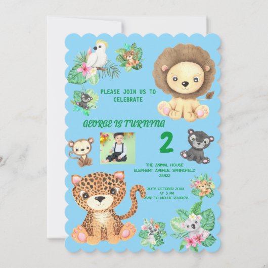 Tropical Safari Jungle Animals Kindergeburtstag Einladung (Vorderseite)